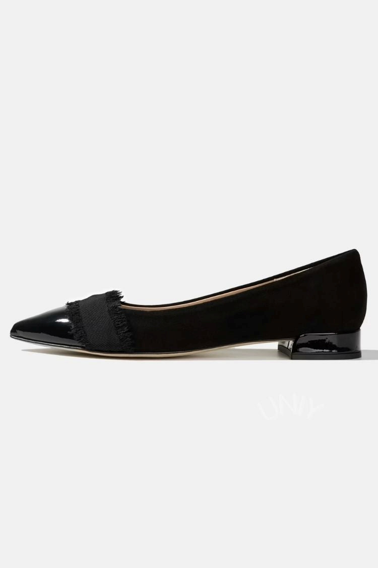 Salto Bloco Preto de Camurça Sintética e Couro Verniz com Bico Apontado [Pré-venda]