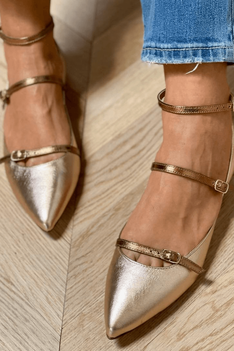 Metallic Faux Leather Triple Strap Pointed Ballet Flats [Pre Order]