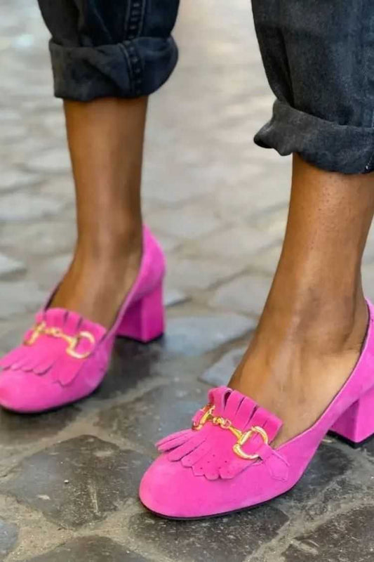 Suede Fringe Buckle Accent Block Heel Pumps [Pre Order]