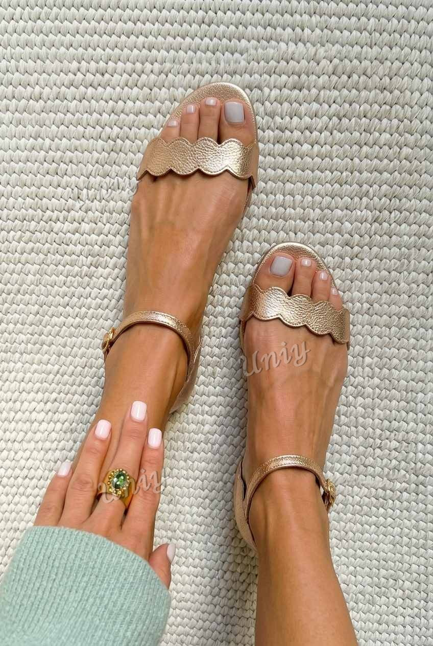 Scalloped Edge Open Toe Ankle Strap Flat Sandals [Pre Order]