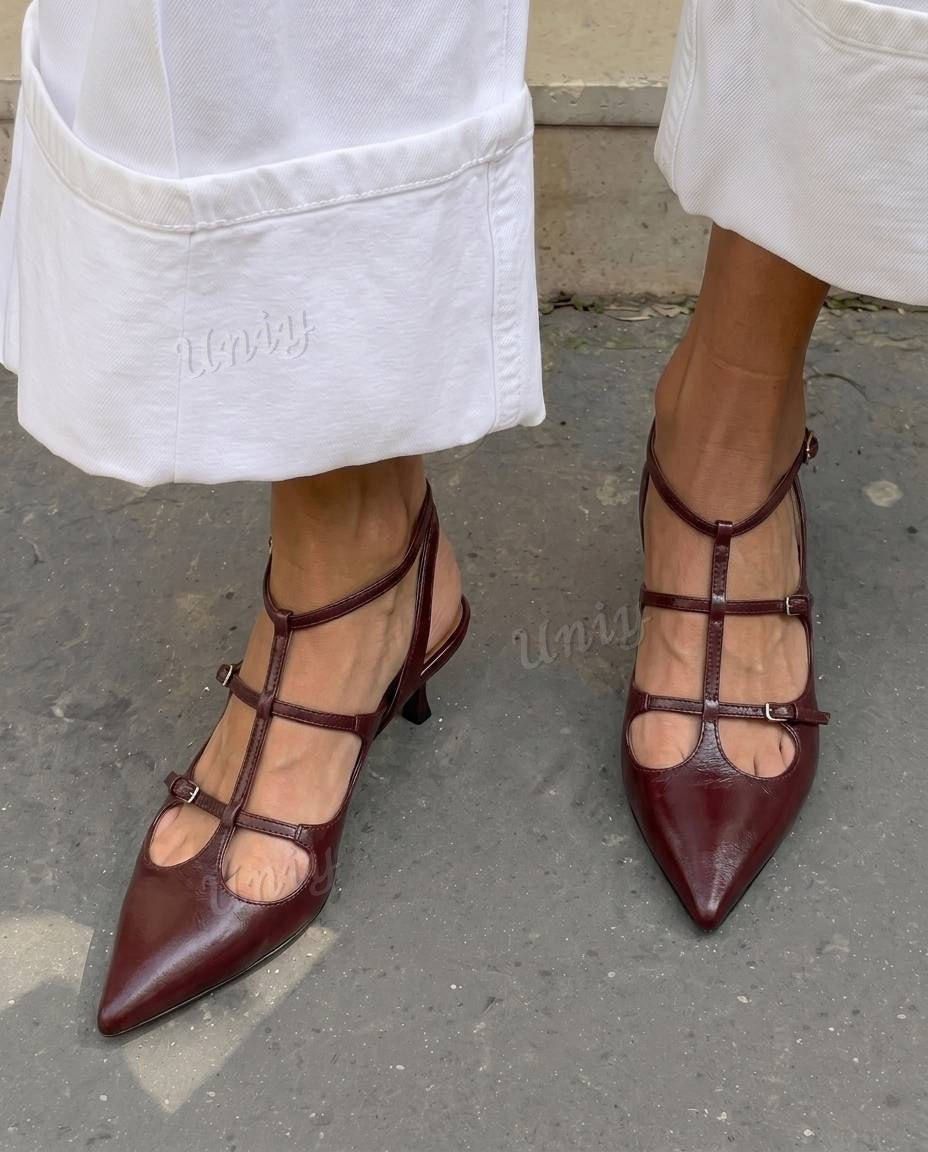 Strappy Buckled Pointed Toe Slingback Kitten Heel Pumps [Pre Order]