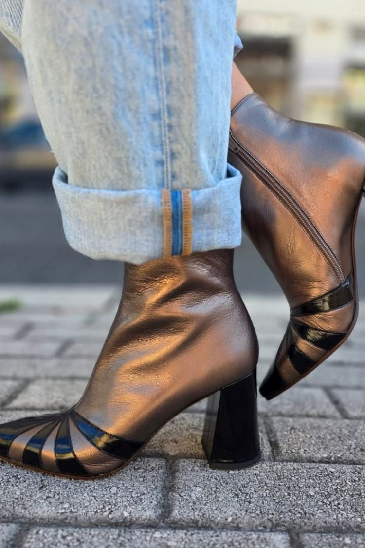 Colorblock spitze Zehen Leder Blockabsatz Stiefeletten [Vorbestellung]