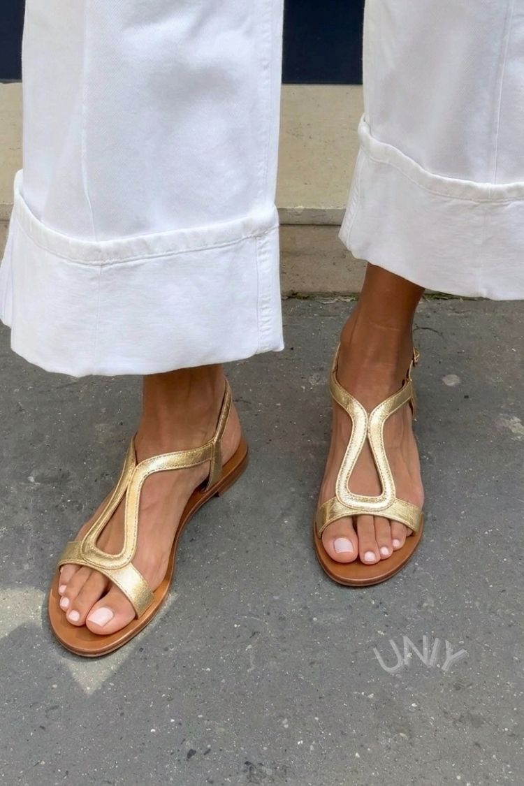 Metallic Gold Ausgeschnittene Slingback Flache Freizeitsandalen [Vorbestellung]