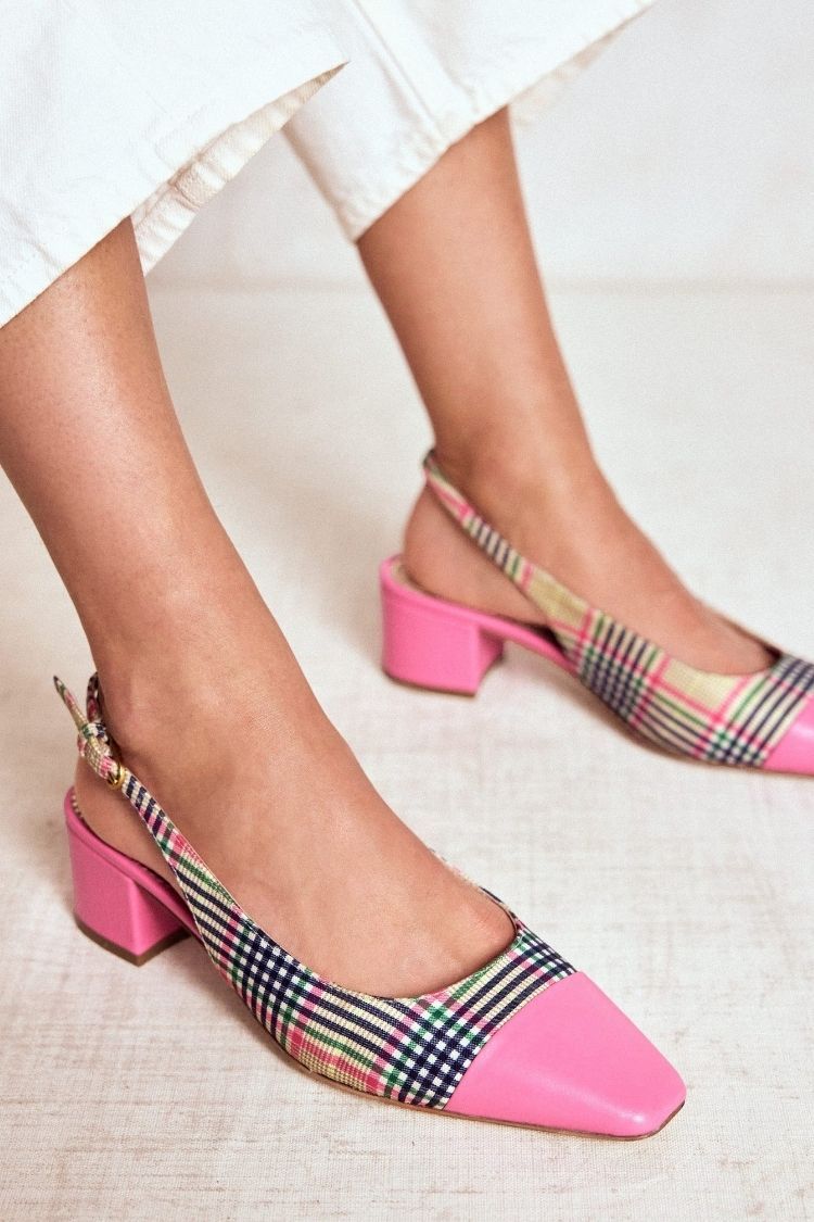 Plaid Fabric Pink Cap Toe Slingback Block Heel Pumps [Pre Order]