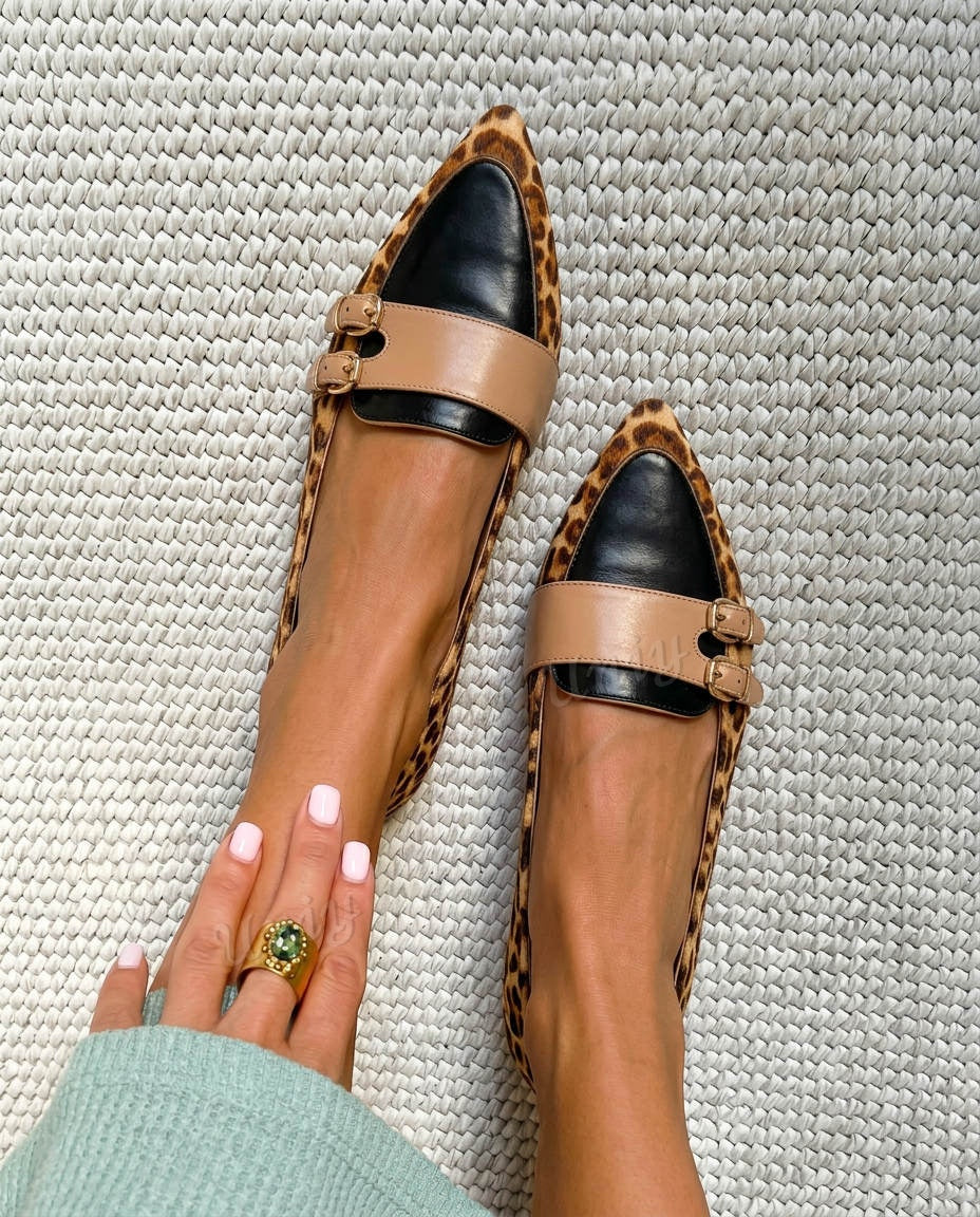 Double Buckle Pointed Toe Flat Casual Loafers [Pre Order]