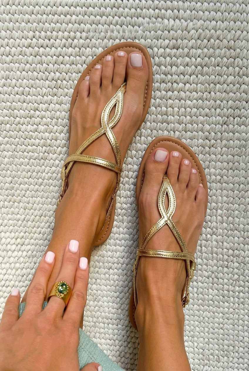 Metallic Geometric T-Strap Flat Thong Sandals [Pre Order]