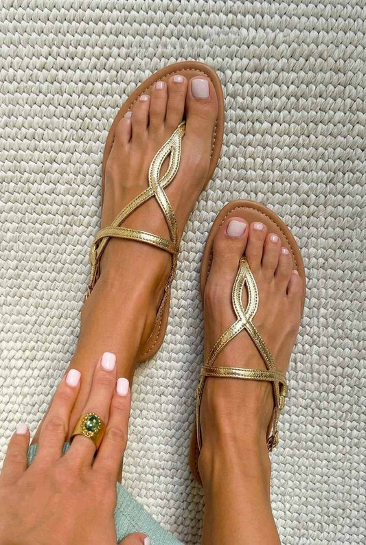 Metallic Geometric T-Strap Flat Thong Sandals [Pre Order]