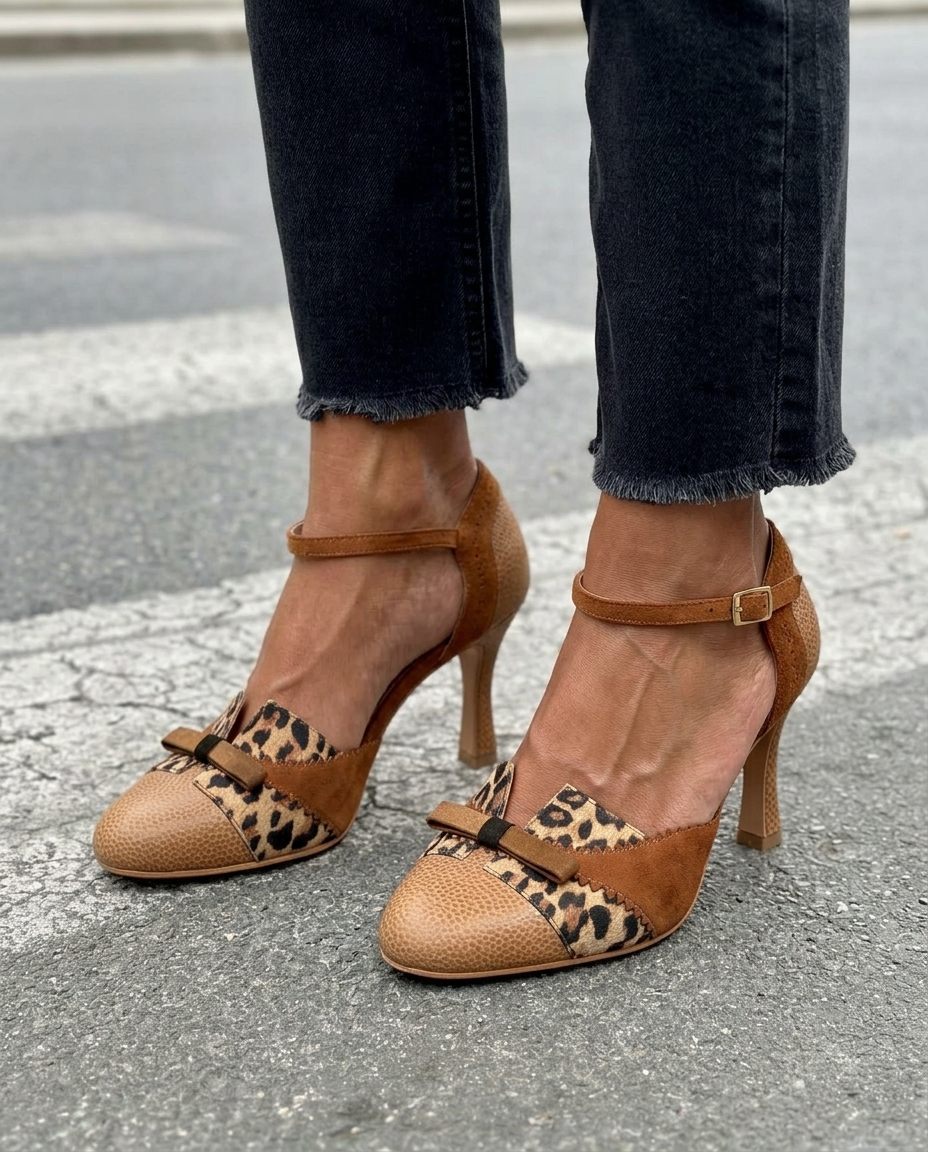 Bow Accent Cap Toe Ankle Strap Mid Heel Pumps [Pre Order]