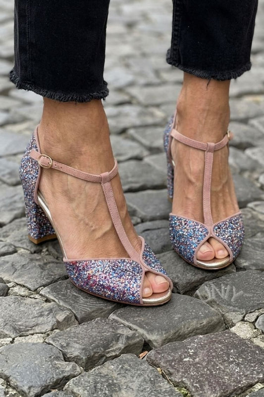 Vintage Pink Glitter Patchwork Peep Toe T-Strap Mid Heels [Pre Order]