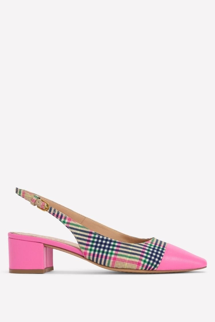 Plaid Fabric Pink Cap Toe Slingback Block Heel Pumps [Pre Order]