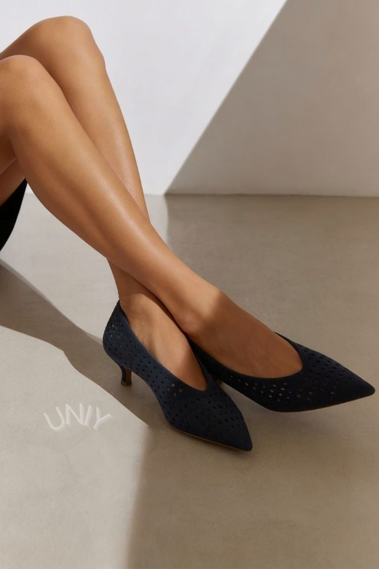 Chic Navy Blue Perforated Pointed Toe Kitten Heels [Pre Order]