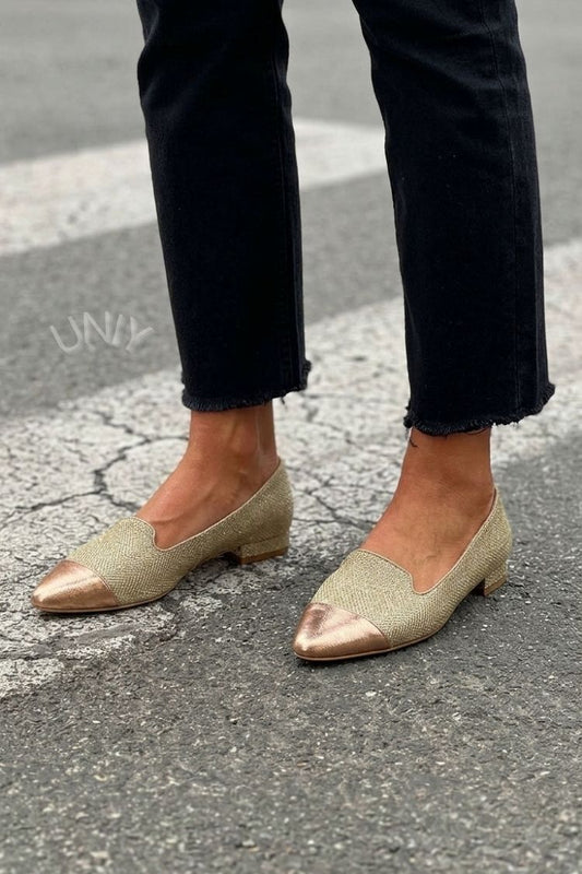 Elegantes bailarinas metálicas color oro rosa con textura tejida [Preventa]