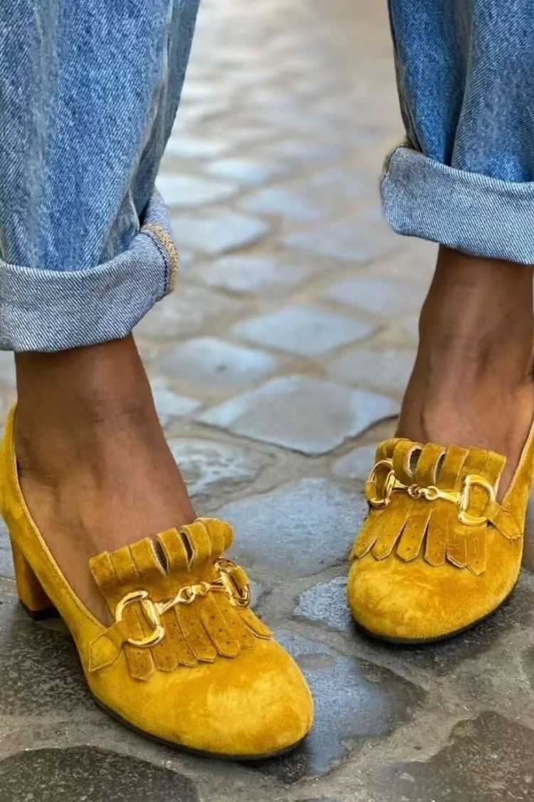 Suede Fringe Buckle Accent Block Heel Pumps [Pre Order]