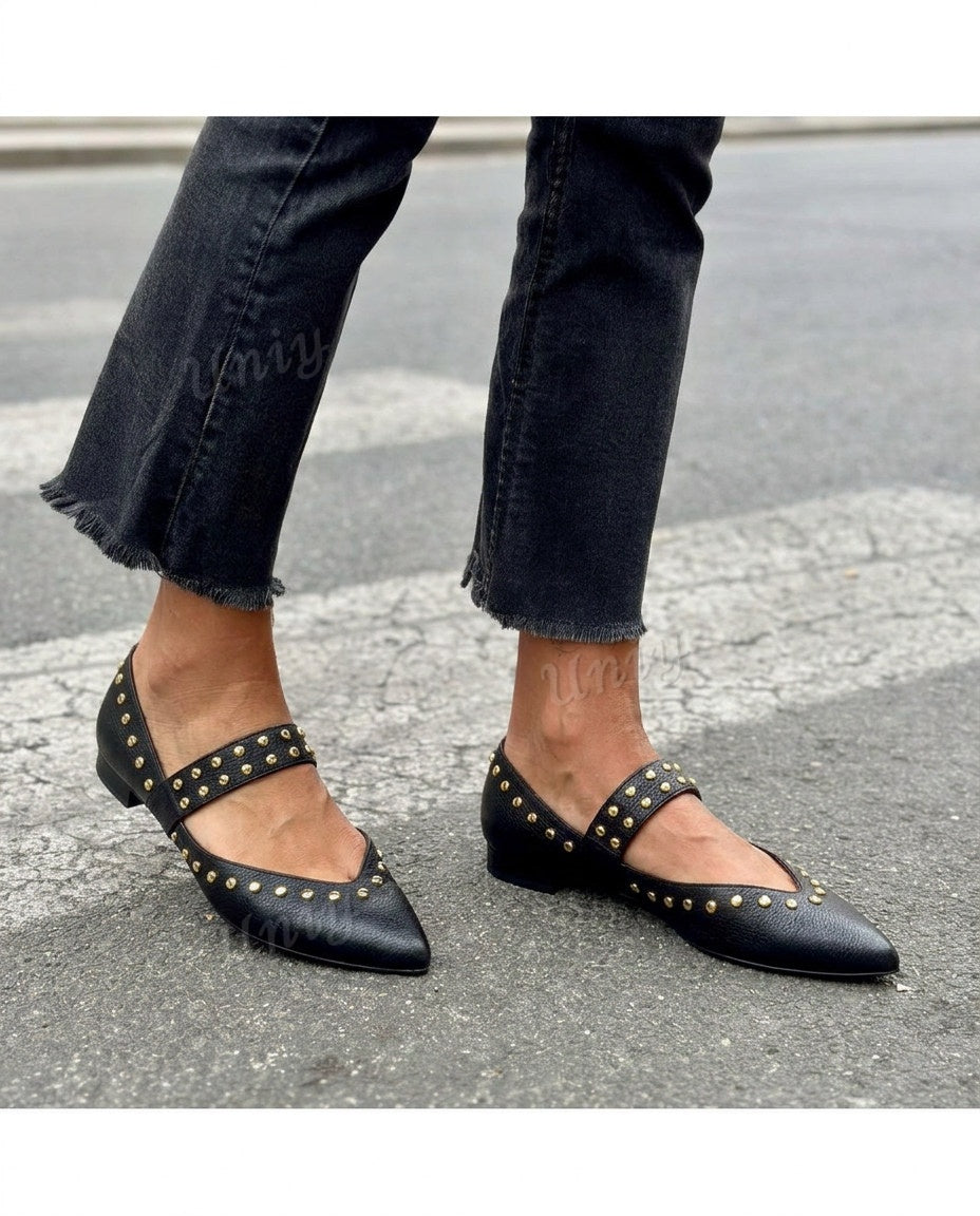Studded Mary Jane Pointed Toe Flat Shoes [Pre Order]