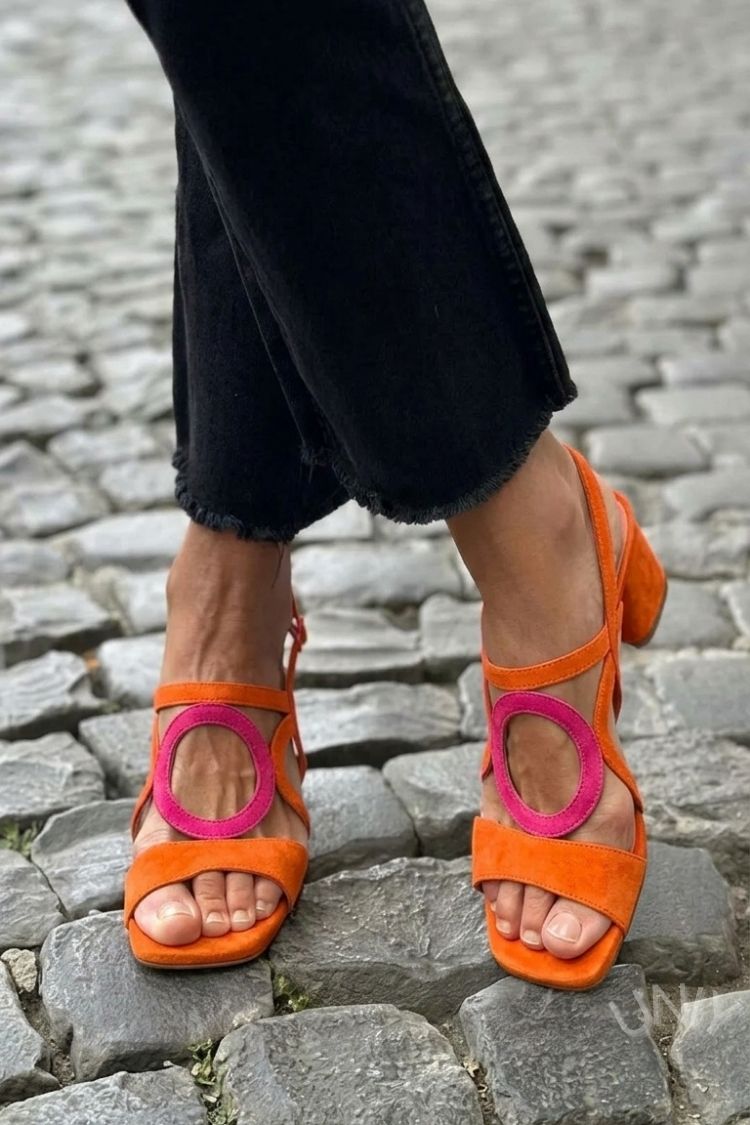 Square Toe Round Cut Out Slingback Strap Yellow Sandals Heels