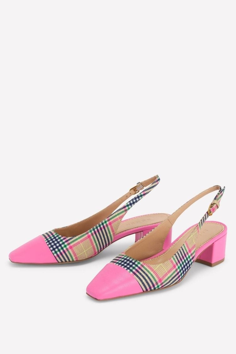 Plaid Fabric Pink Cap Toe Slingback Block Heel Pumps [Pre Order]