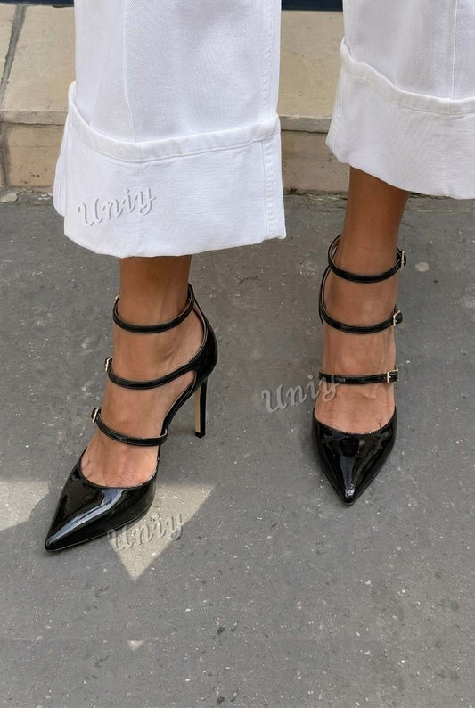 Patent Triple Strap Pointed Toe Stiletto Pumps [Pre Order]