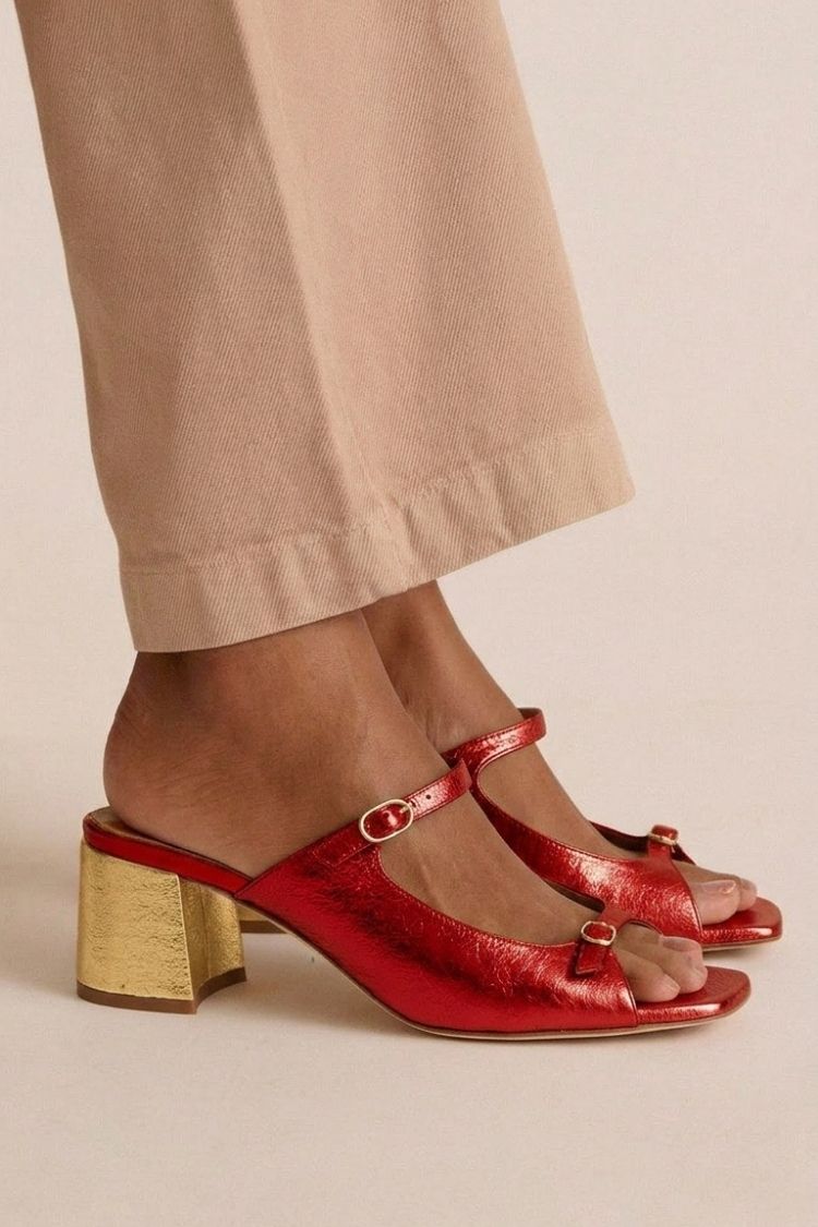 Open Cut Out Colorblock Toe Slingback Gold Chunky Heels