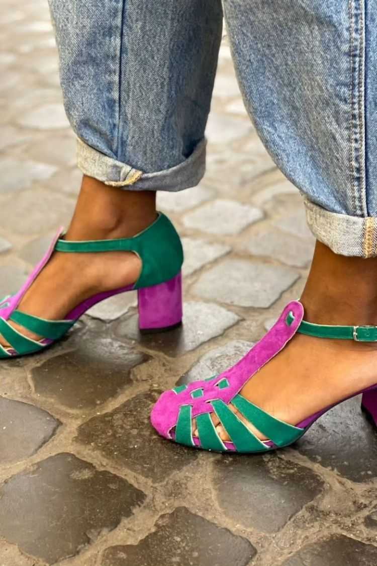 Suede T Strap Colorblock Cutout Block Heels [Pre Order]