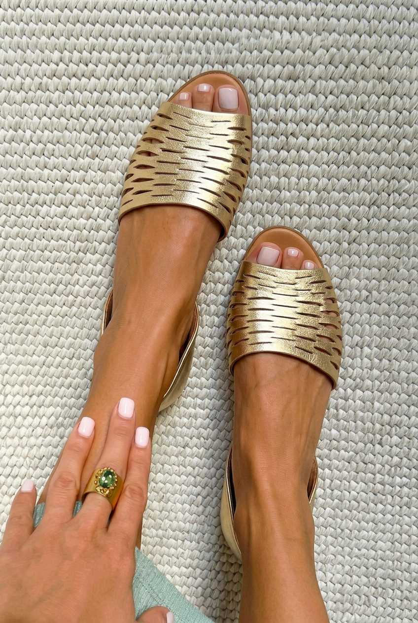 Laser Cut Peep Toe Flat Slide Sandals [Pre Order]