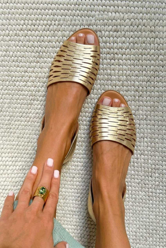 Laser Cut Peep Toe Flat Slide Sandals [Pre Order]