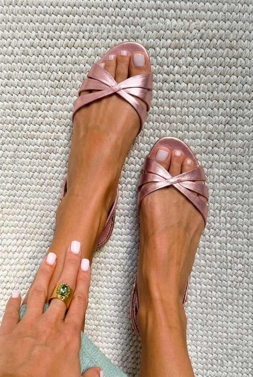 Metallic Crisscross Open Toe Slingback Gold Flat Sandals