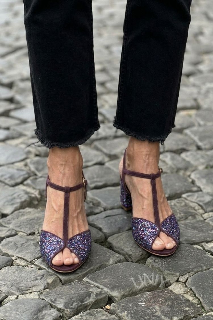 Glamorous Purple Glitte T-Bar Low Block Heels [Pre Order]
