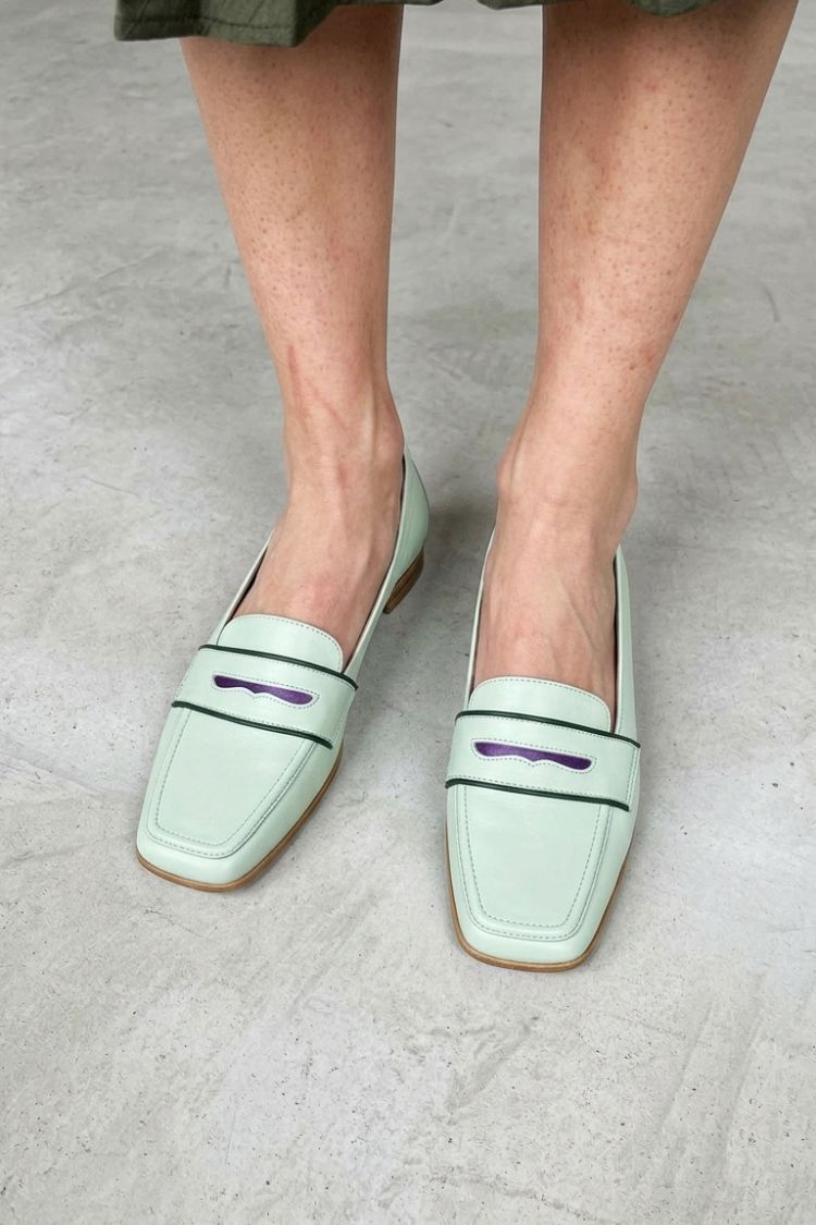 Chic Mint Green Square Toe Contrast Trim Flat Loafers [Pre Order]