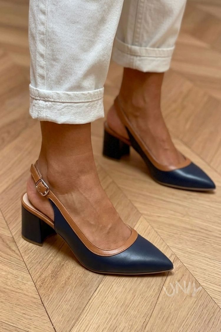 Stylish Colorblock Pointed Toe Slingback Block Heels [Pre Order]