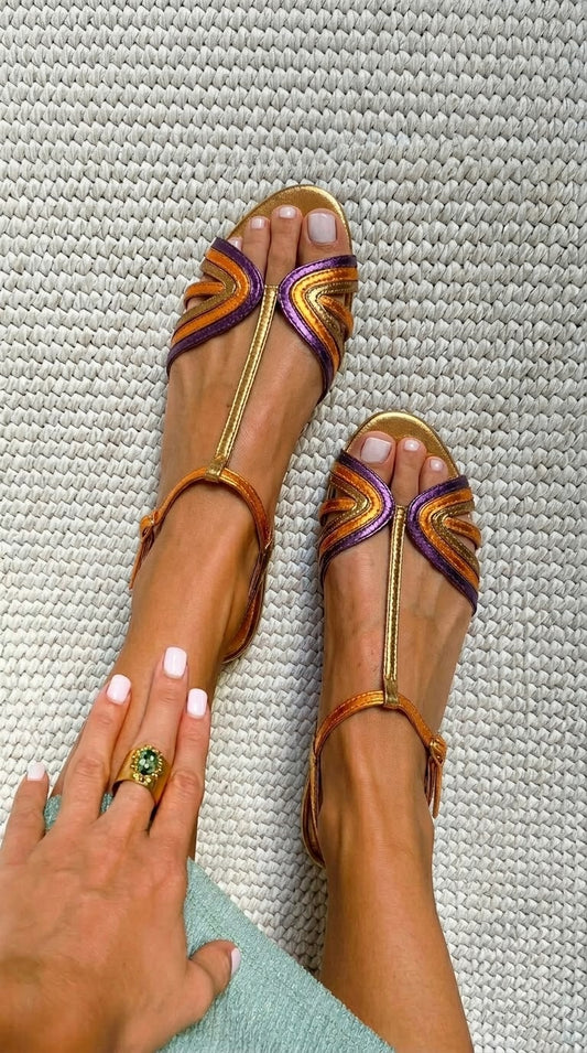 Metallic Copper Purple Strap Gold T-Strap Peep Toe Sandals [Pre Order]