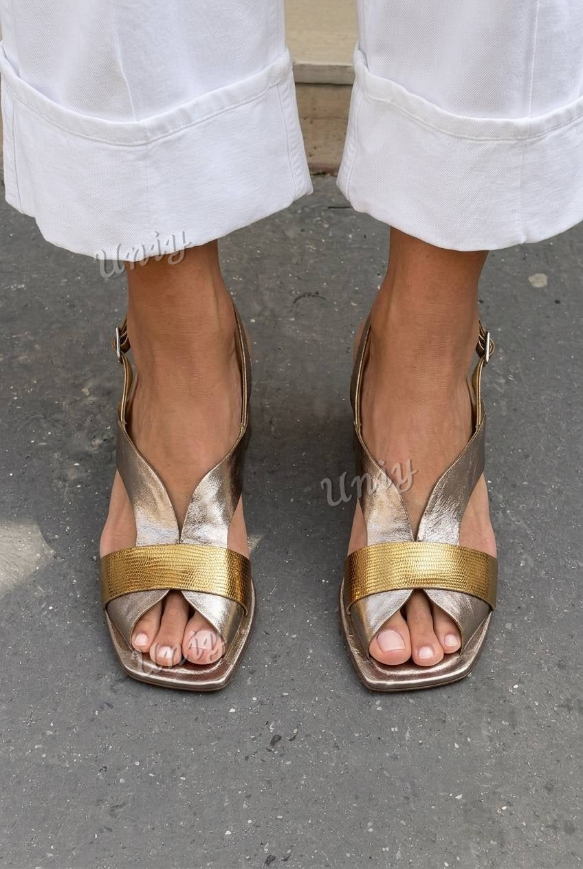 Metallic Crisscross Peep Toe Slingback Block Heels [Pre Order]