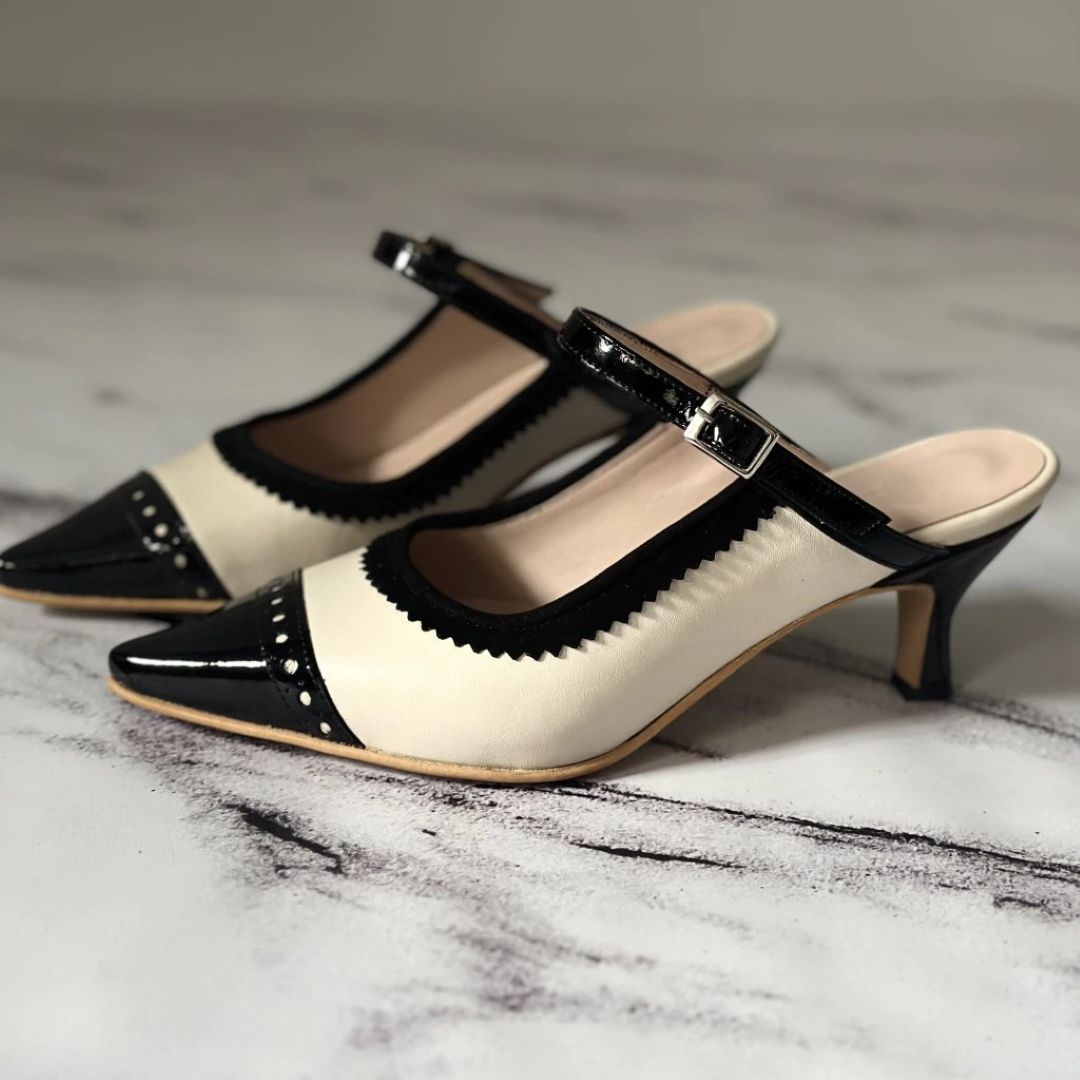 Vintage İki Tonlu Brogue Sivri Burun Kedi Topuklu Terlik [Ön Sipariş]