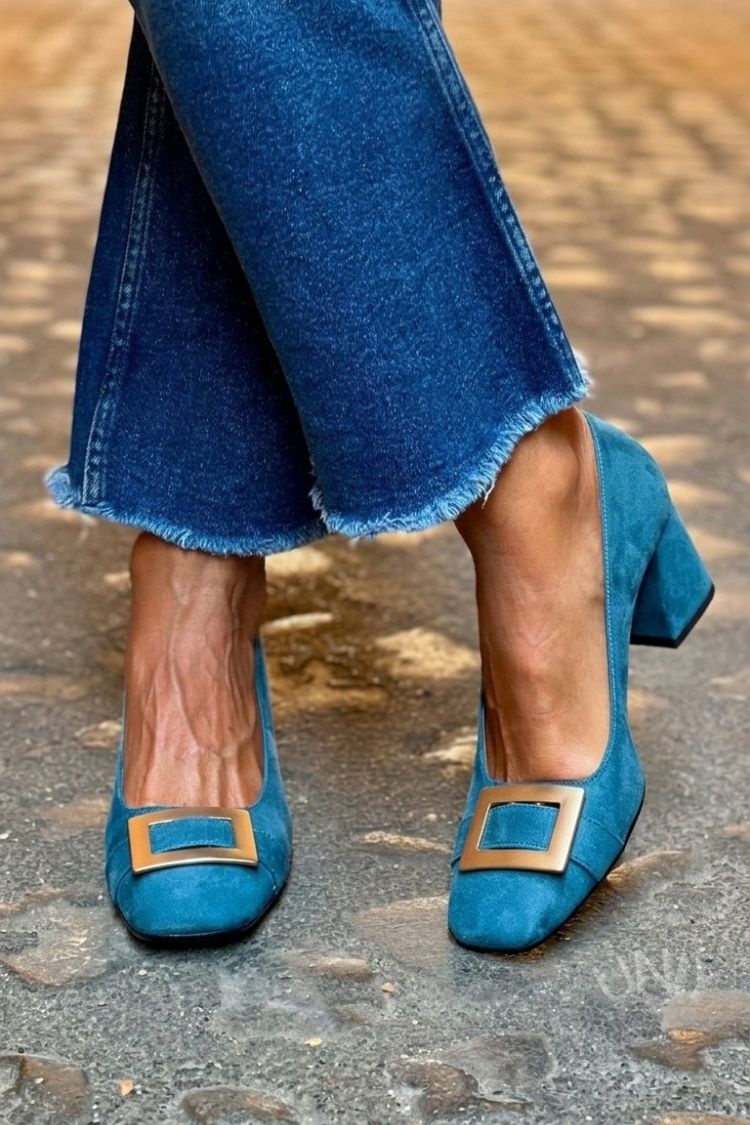 Patchwork Metal Decor Square Toe Navy Chunky Heels