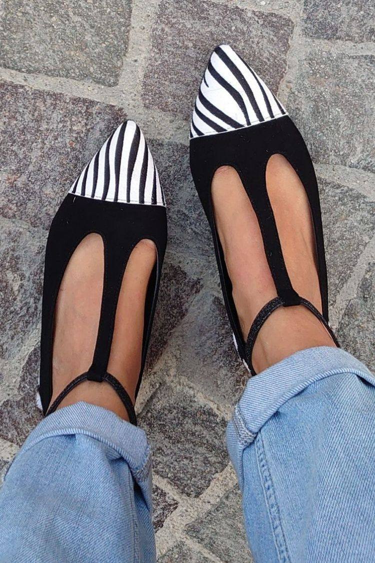 Suede Colorblock T-Strap Pointy Flats [Pre Order]