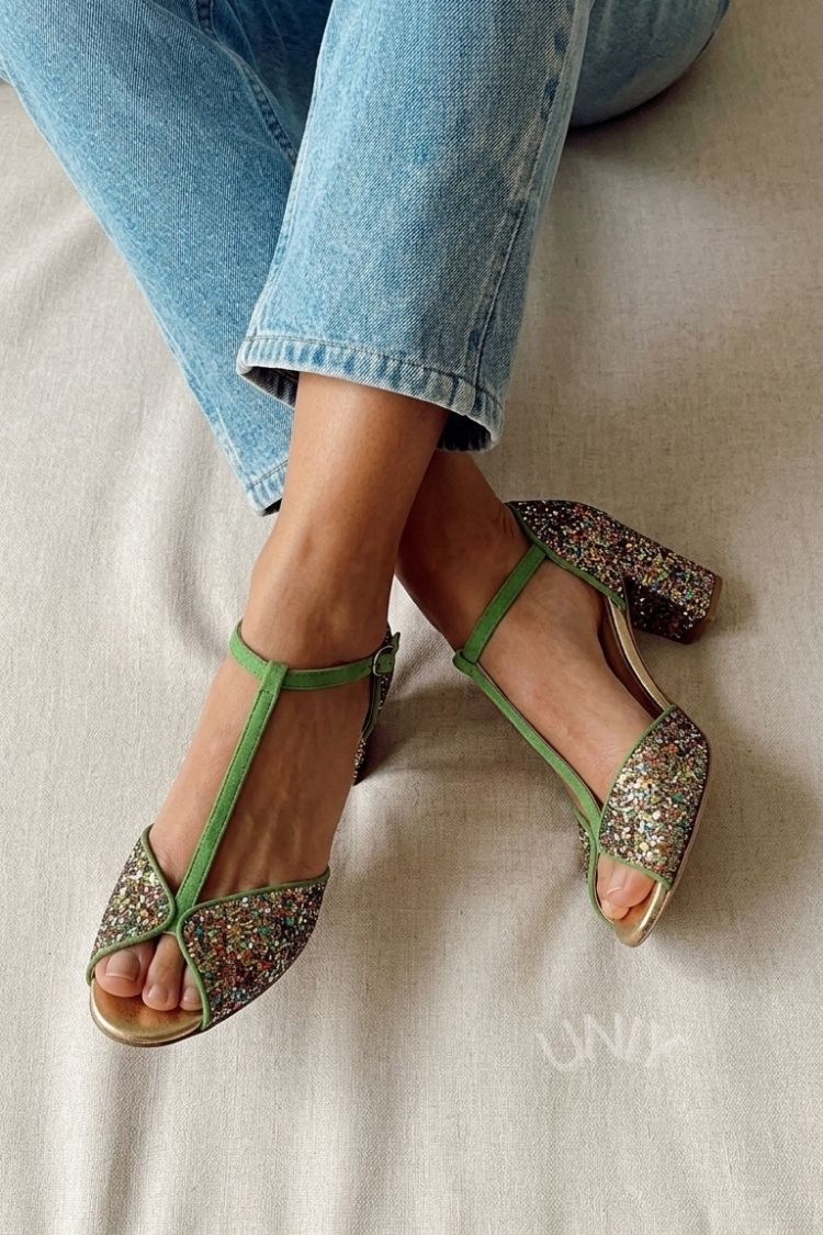 Vintage multi glitter grøn stroppe peep toe sandaler [Forudbestil]
