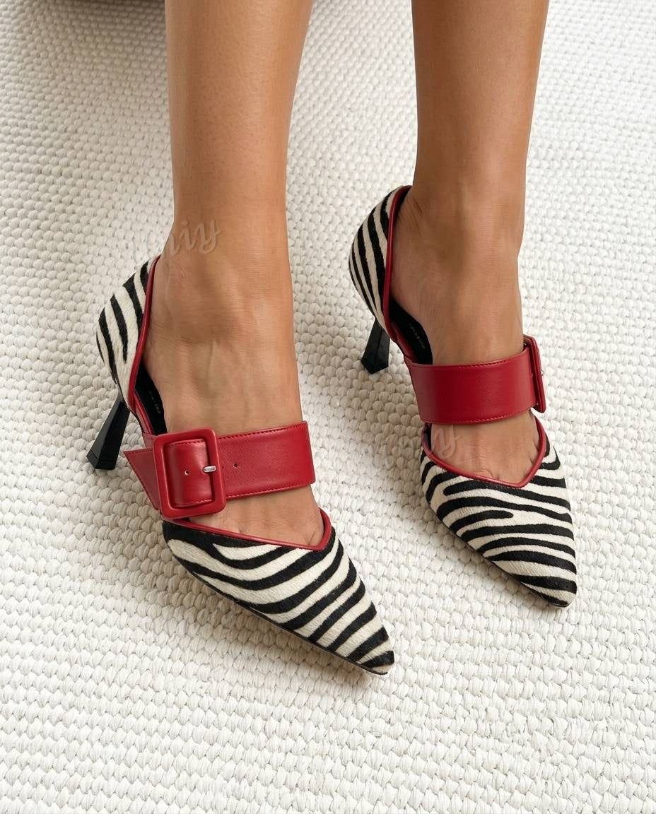 Zebra Print Buckle Strap Pointed Toe Kitten Heel Pumps [Pre Order]