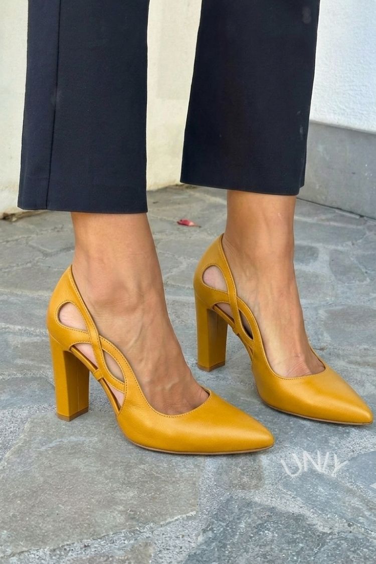 Faux Leather Cutout Block Heel Pointed Pumps