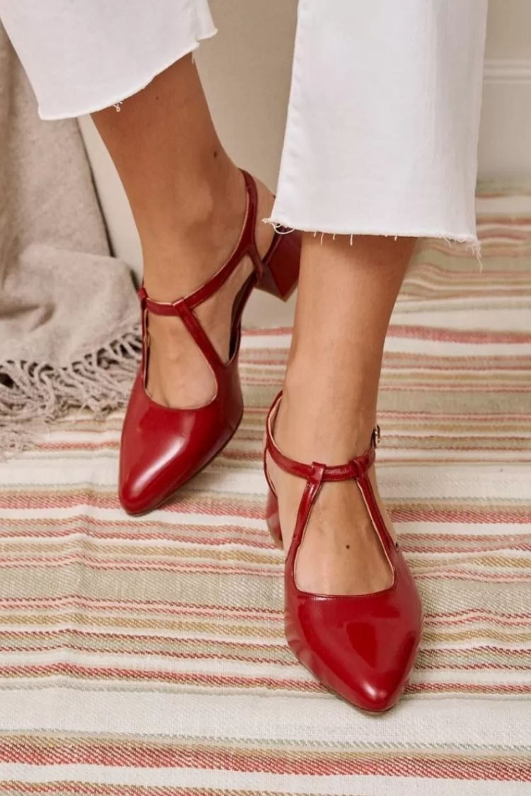 Scarpe con tacco a blocco e cinturino a T in vernice rossa lucida [Pre-ordine] 