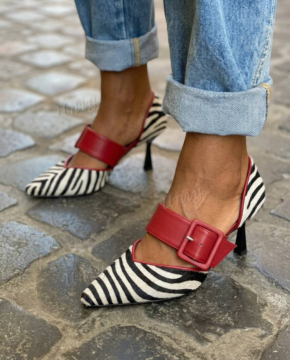 Zebra Print Pointed Toe Buckle Strap Kitten Heel Pumps [Pre Order]