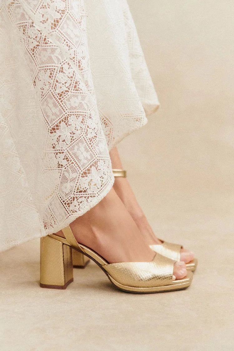 Snake Print Ankle Strap Buckle Square Toe Gold Chunky Heels [Pre Order]