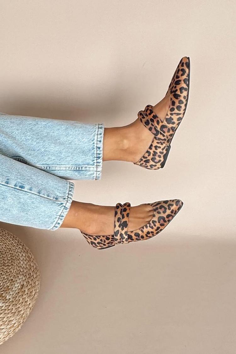 Double Instep Straps Leopard Print Pointed Toe Flats [Pre Order]