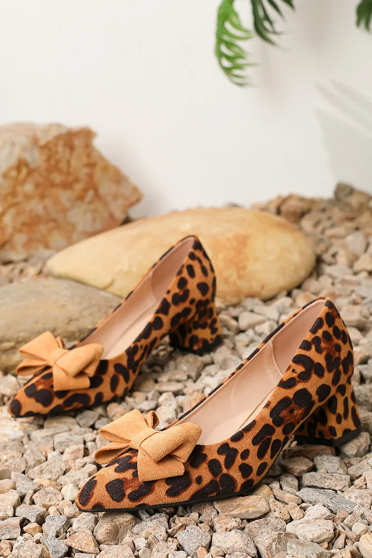 Leopard Print Bow Decor Pointed Toe Slip On Chunky Heels