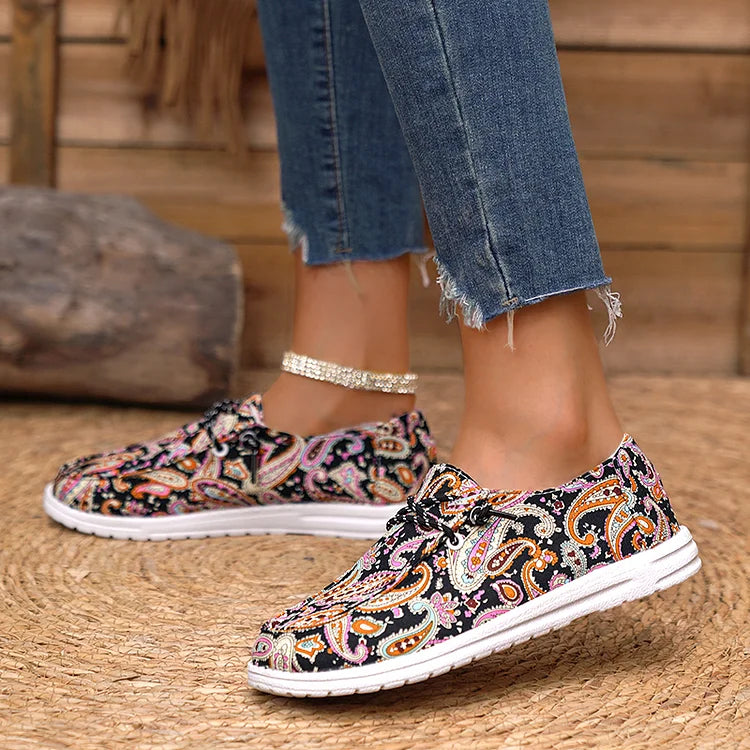 Canvas Paisley Print Round Toe Lace Up Flat Sneakers