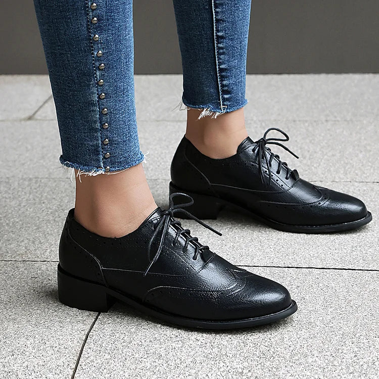 Patchwork Solid Color Round Toe Low Block Heel Lace Up Brogue Oxfords