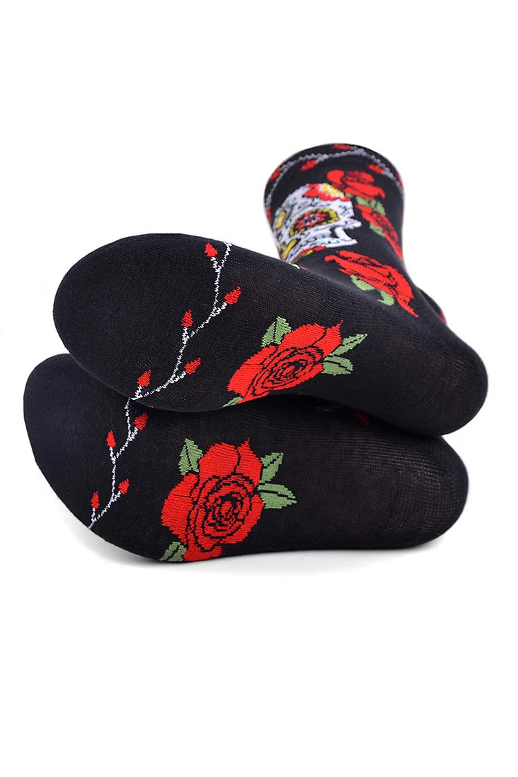 Calcetines de media pantorrilla con estampado de calavera y esqueleto de rosas para Halloween 