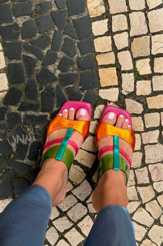 Chic Multi-Colored Metallic Strappy Mules Flared Heels [Pre Order]