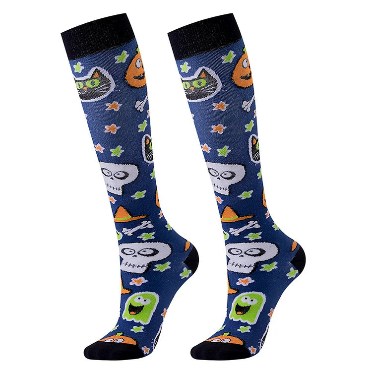 Calcetines por encima de la pantorrilla con estampado de estrellas, casa embrujada, calavera y fantasma de Halloween 