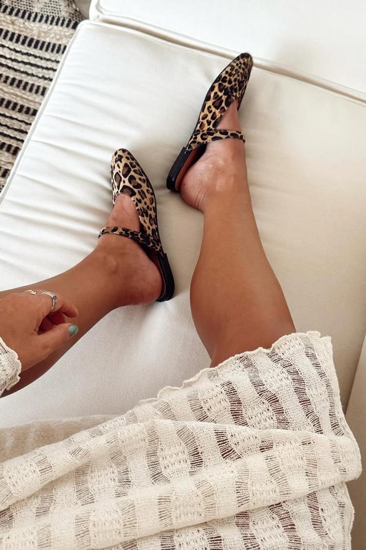 Mules con punta quadrata, cinturino sul collo del piede con stampa leopardata e fibbia [Pre-ordine] 