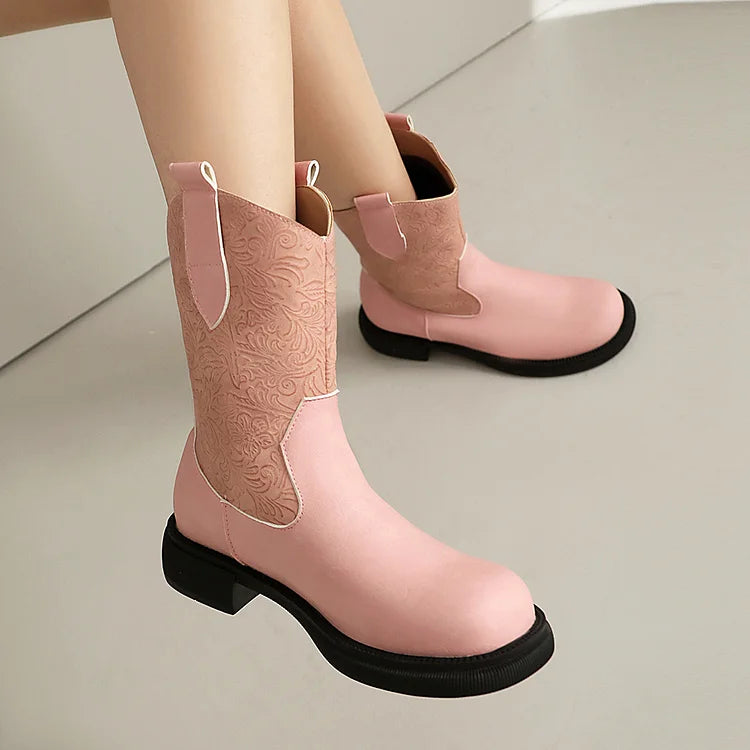 Floral Pattern Patchwork Round Toe Low Block Heel Mid Boots