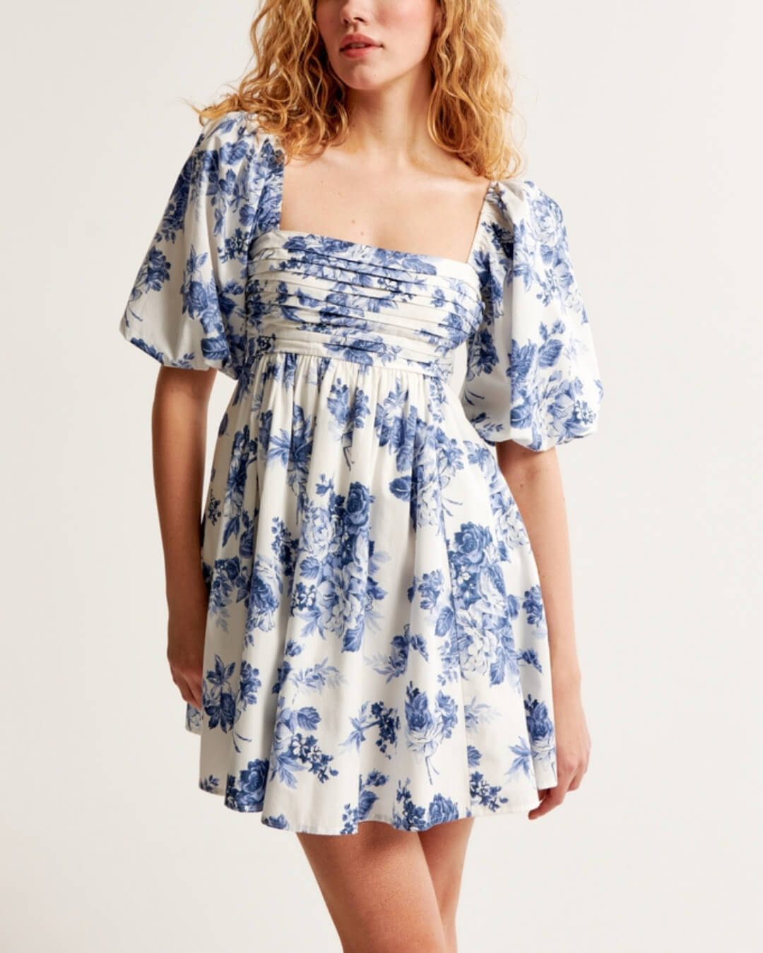 Puff Sleeves High Waist Floral Print Mini Dress